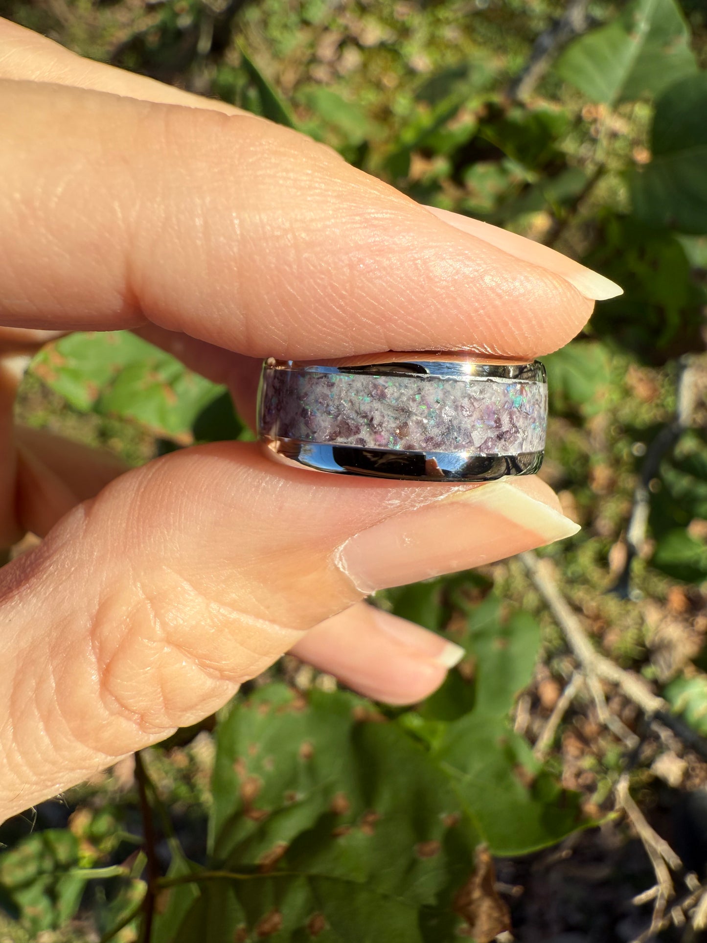 Lepidolite and Lavender Opal Ring with Invisible Purple Glow – 8mm Stainless Steel Sophistication