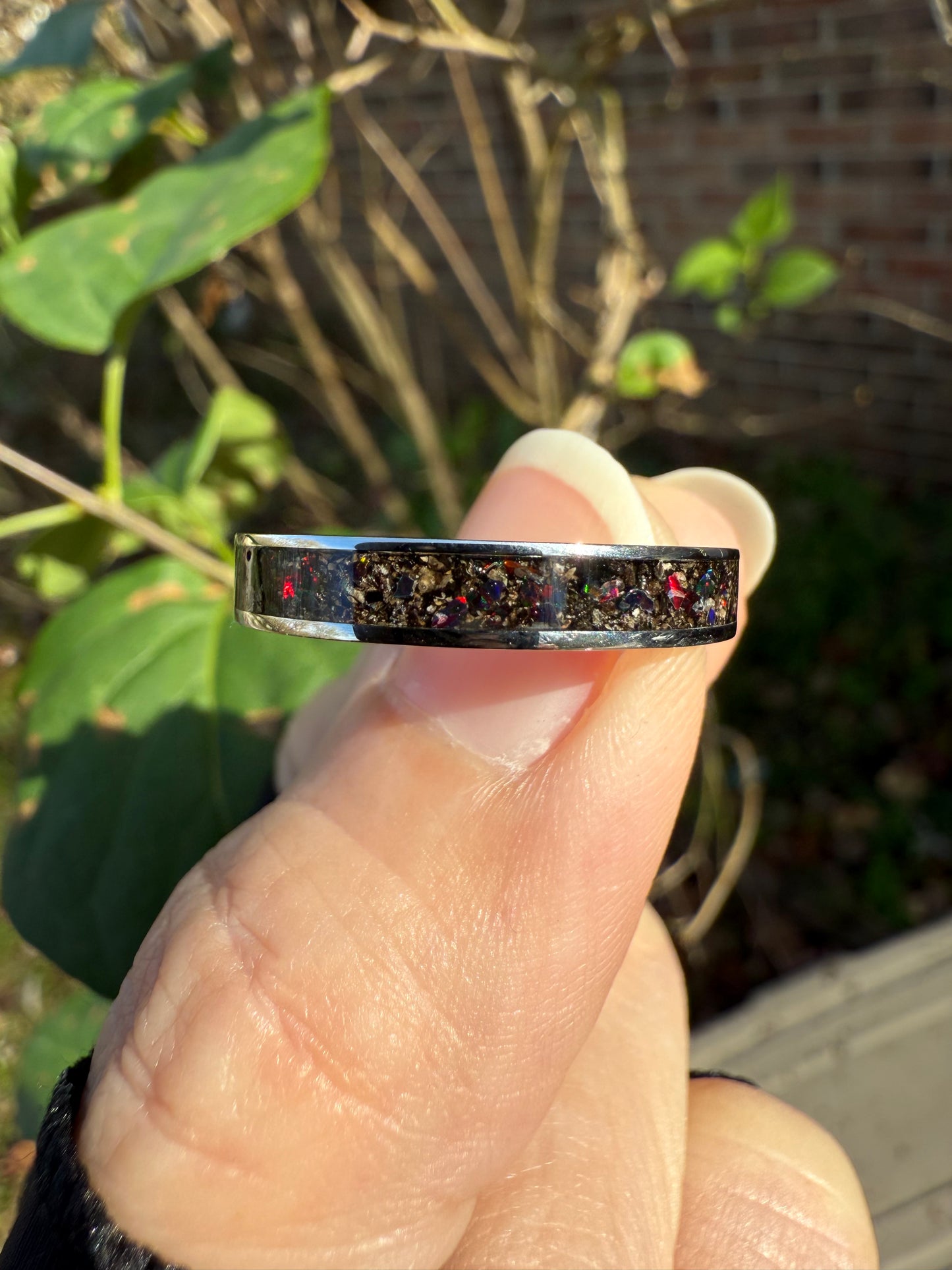 Timeless Fossil & Opal Ring: 4mm Stainless Steel with Stegosaurus Inlay