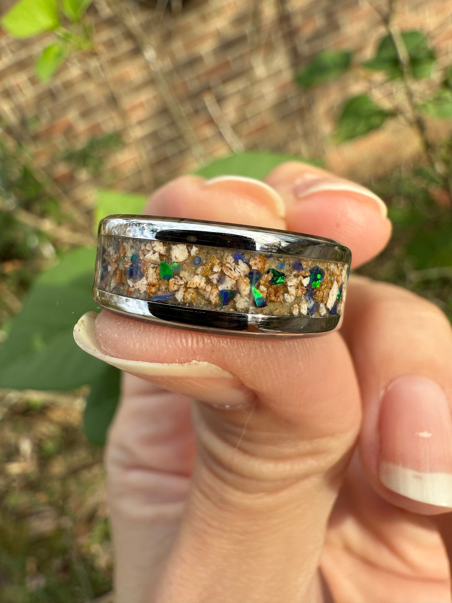 Ancient Ocean Elegance: 8mm Stainless Steel Ring with Plesiosaur Fossil and Blue-Green Opal Inlay