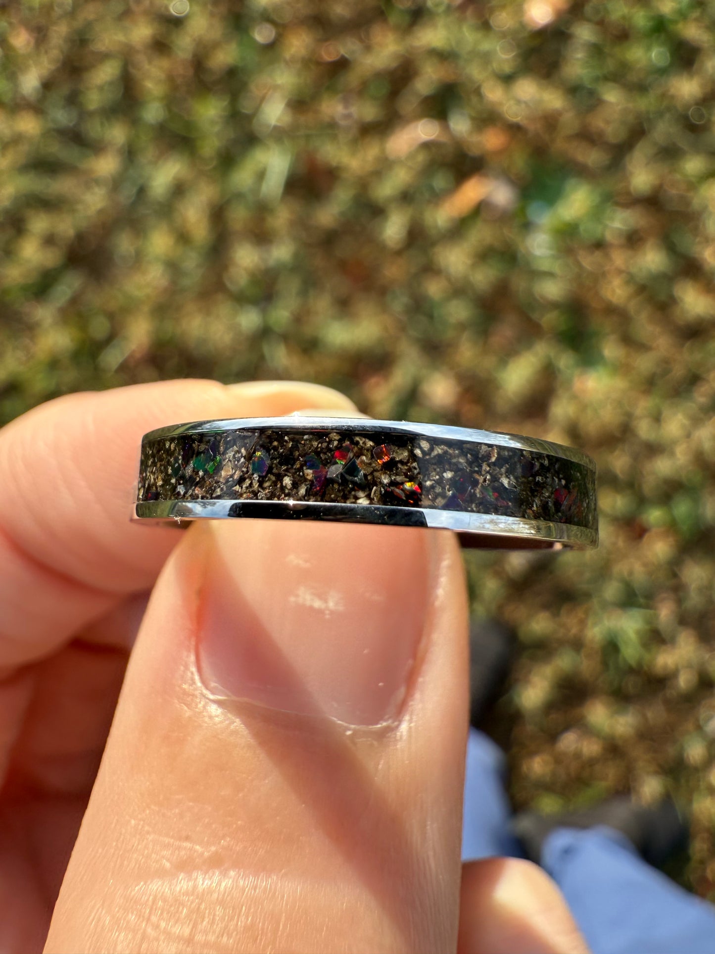 Timeless Fossil & Opal Ring: 4mm Stainless Steel with Stegosaurus Inlay