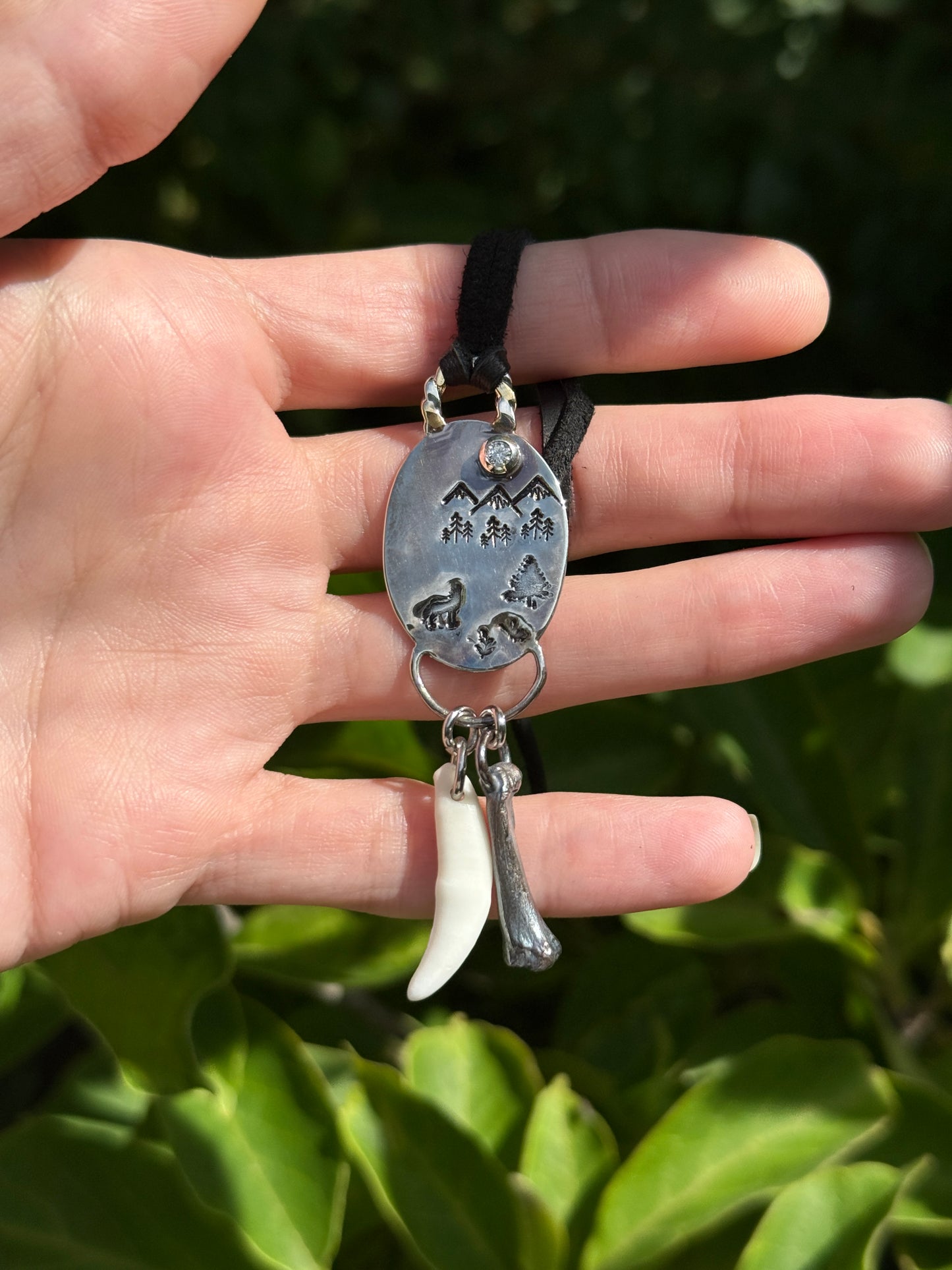 Coyote Sentinel – Moissanite Forest Pendant Necklace – Handmade Sterling & Deer Hide Jewelry