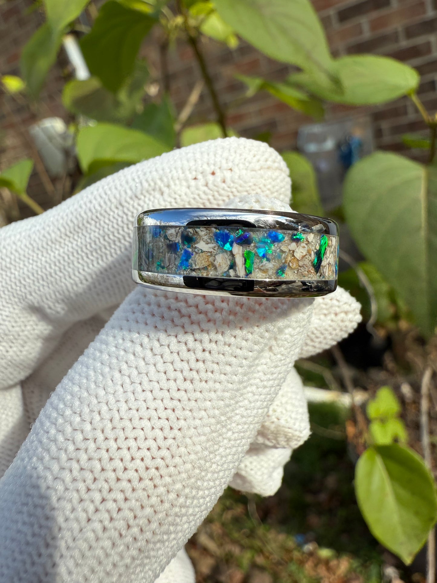Wearable History: Ankylosaurus Ring 8mm Stainless Green and Blue opal