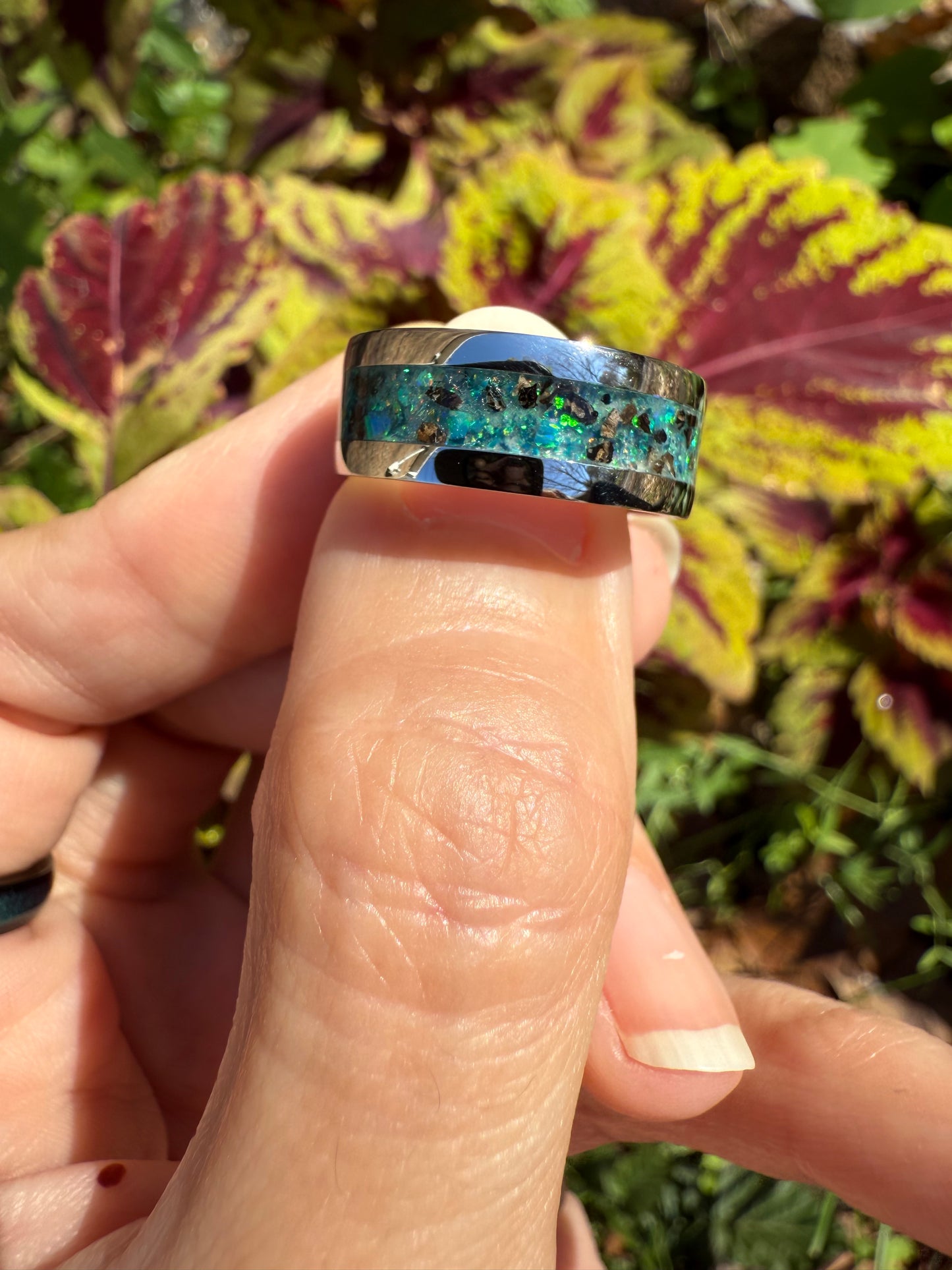 Dinosaur Relic Ring – 8mm Green Opal, Stegosaurus Bone Fossil, and Aqua Glow Inlay