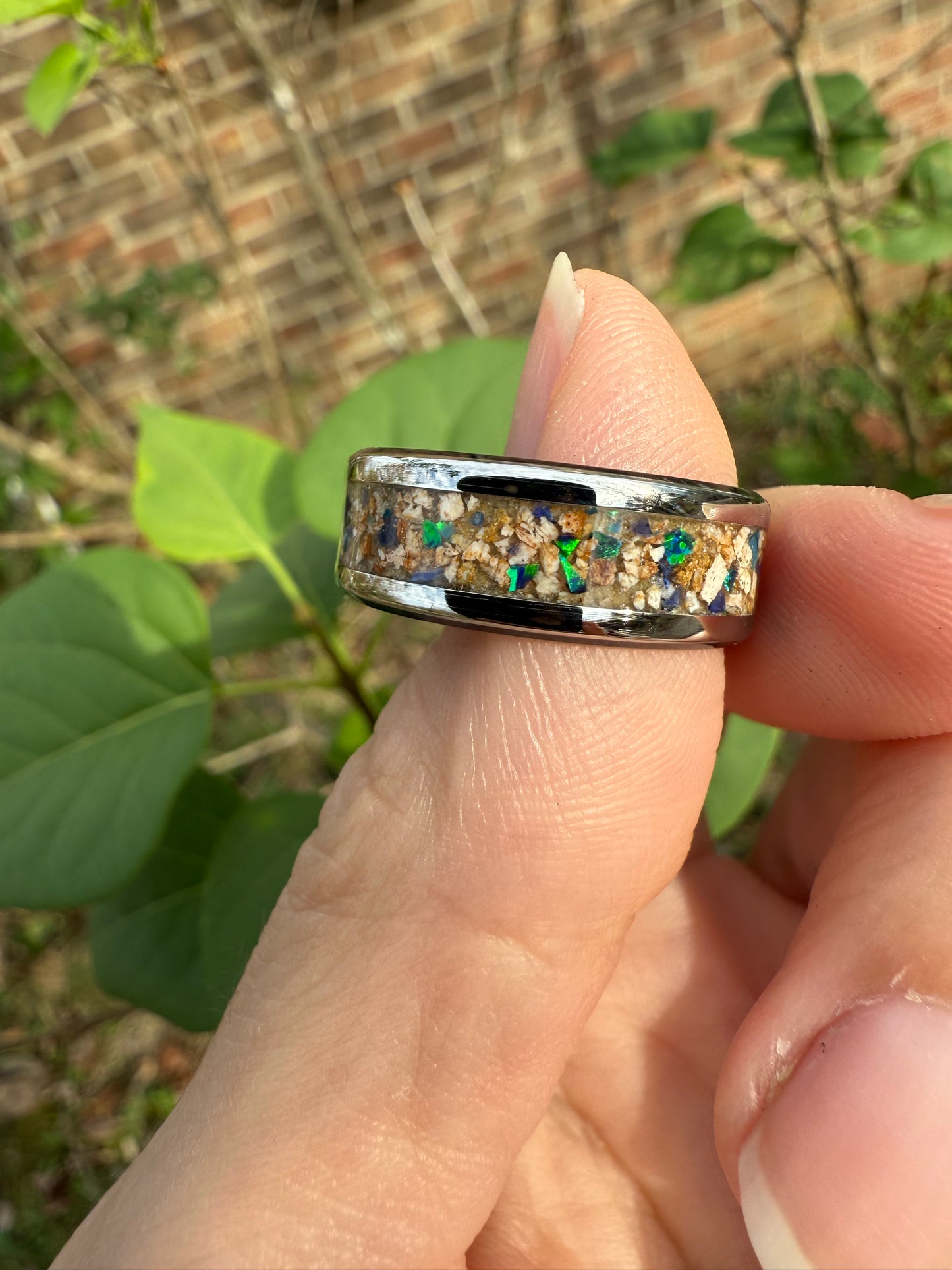 Ancient Ocean Elegance: 8mm Stainless Steel Ring with Plesiosaur Fossil and Blue-Green Opal Inlay