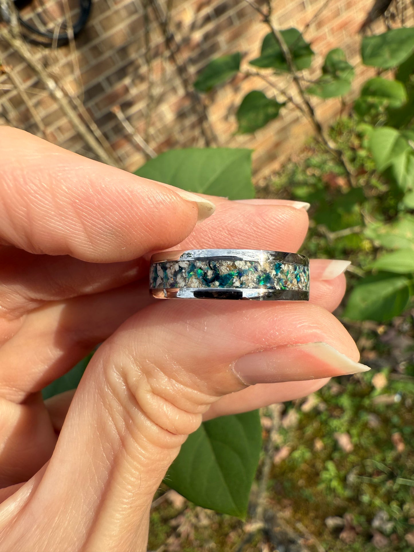 6mm Stainless Steel Ring with Prehistoric Allosaurus Fossil, Radiant Green Opal, and Mesmerizing Aqua Glow