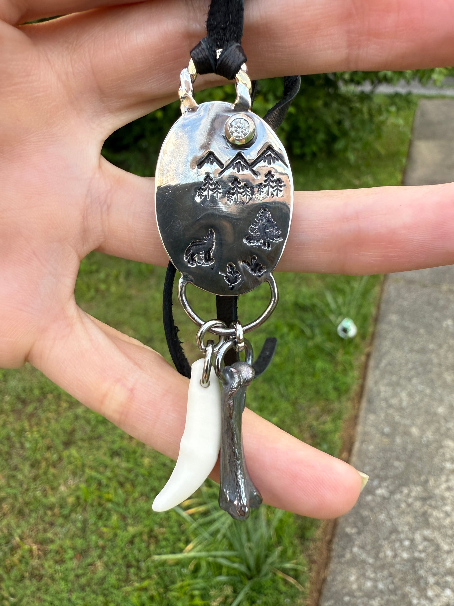 Coyote Sentinel – Moissanite Forest Pendant Necklace – Handmade Sterling & Deer Hide Jewelry