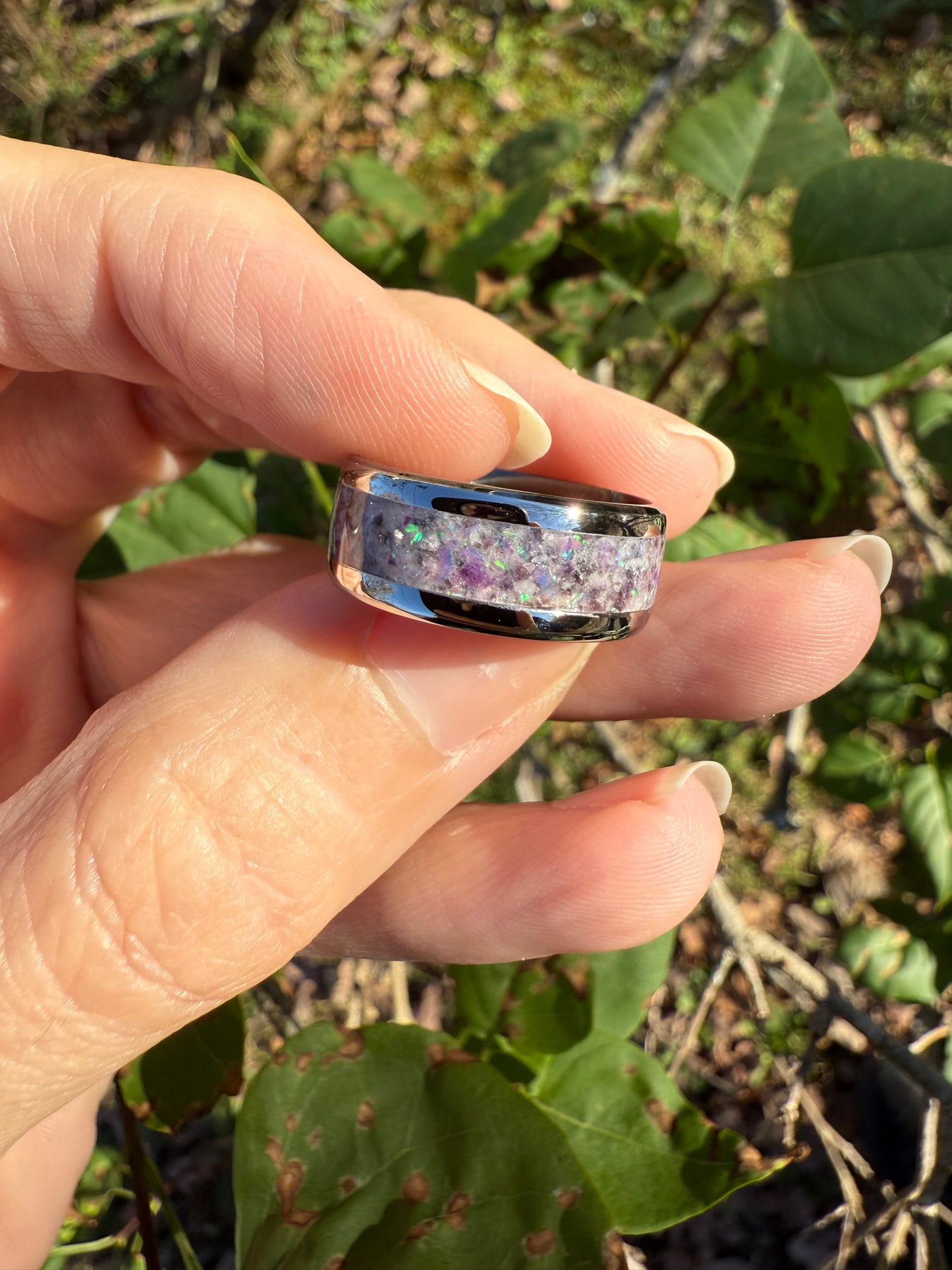 Lepidolite and Lavender Opal Ring with Invisible Purple Glow – 8mm Stainless Steel Sophistication