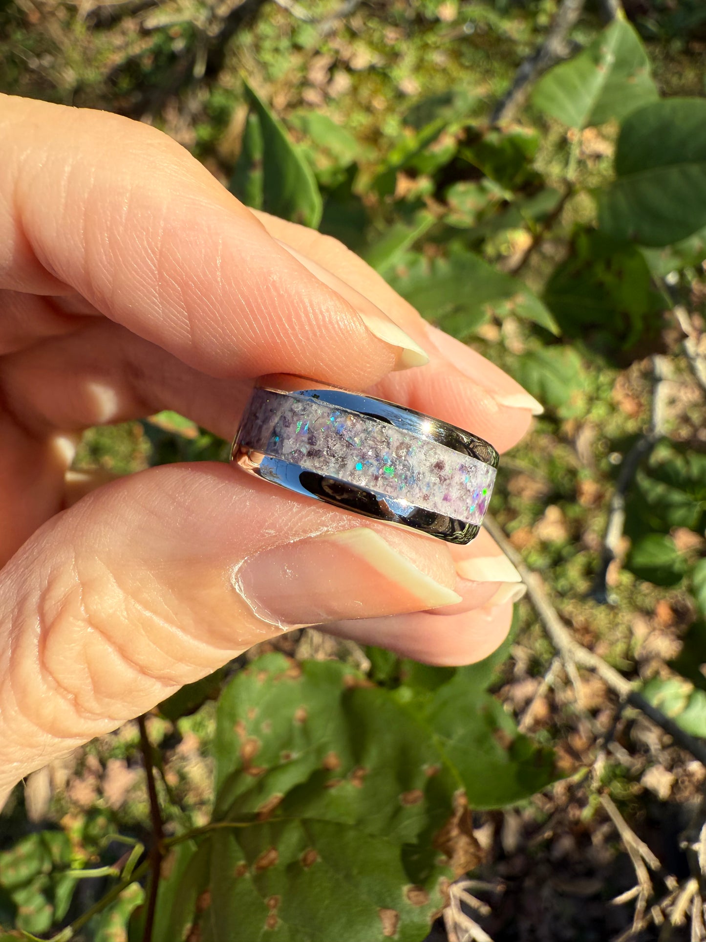 Lepidolite and Lavender Opal Ring with Invisible Purple Glow – 8mm Stainless Steel Sophistication
