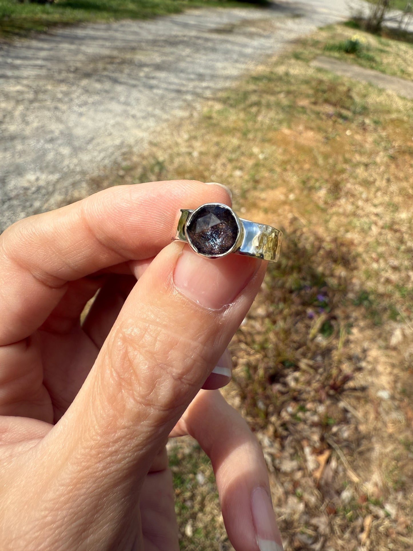 Sterling Silver and Brass Mood Ring with Holographic Quartz – Hand Fabricated, Color Changing Ring