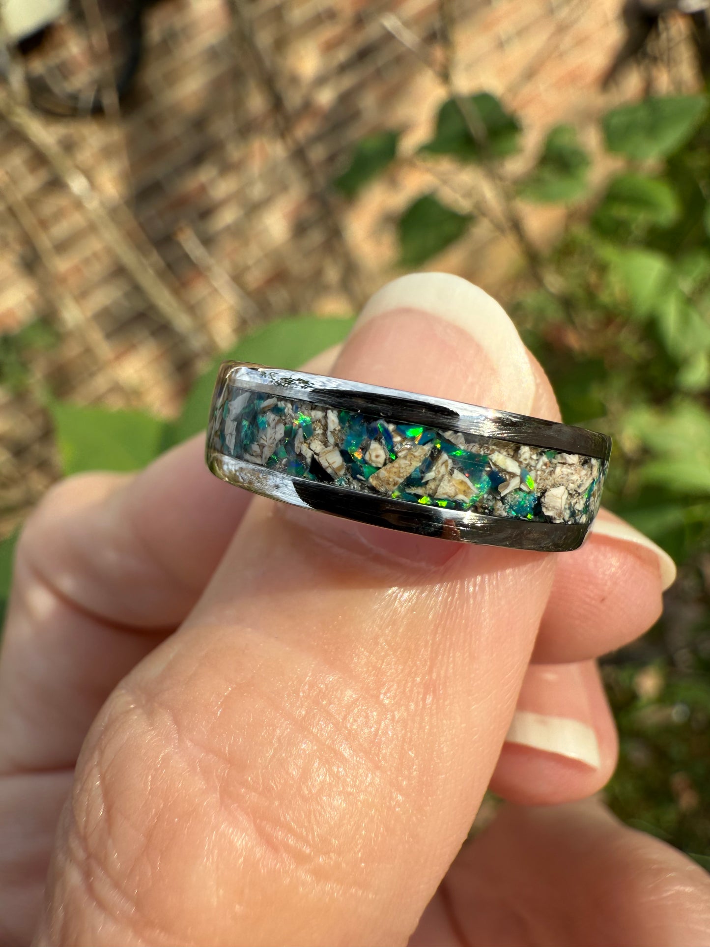 6mm Stainless Steel Ring with Prehistoric Allosaurus Fossil, Radiant Green Opal, and Mesmerizing Aqua Glow