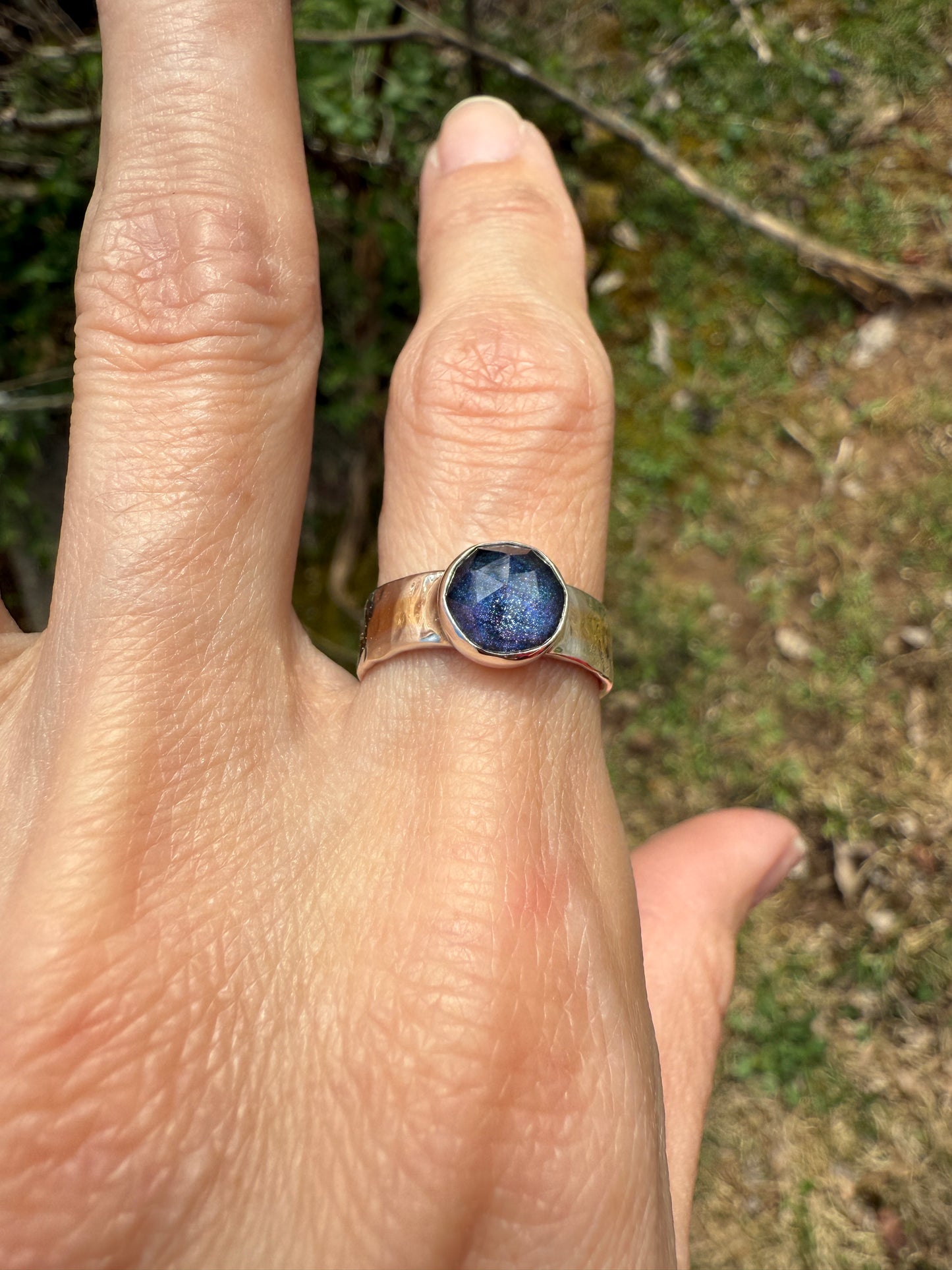 Sterling Silver and Brass Mood Ring with Holographic Quartz – Hand Fabricated, Color Changing Ring