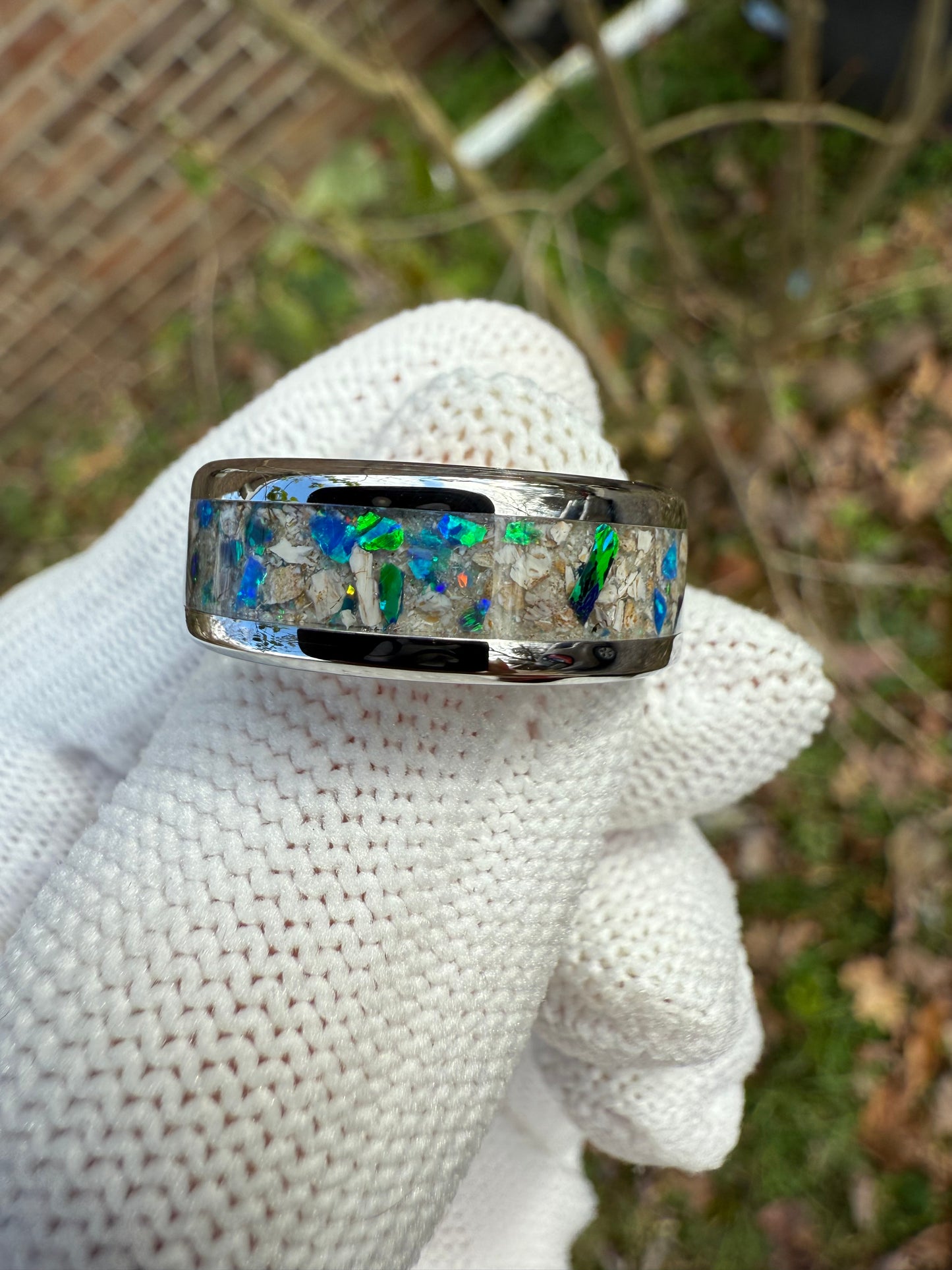 Wearable History: Ankylosaurus Ring 8mm Stainless Green and Blue opal