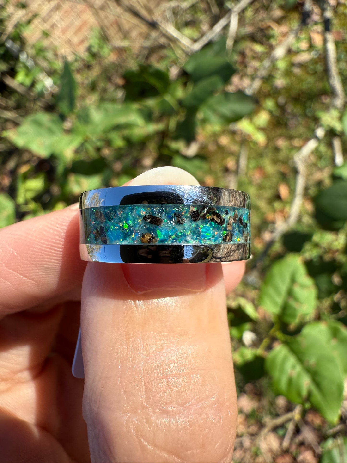 Dinosaur Relic Ring – 8mm Green Opal, Stegosaurus Bone Fossil, and Aqua Glow Inlay