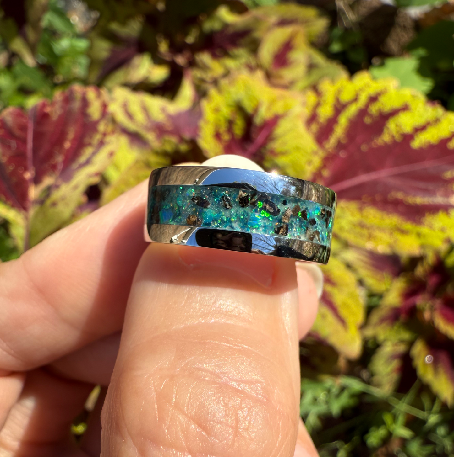 Dinosaur Relic Ring – 8mm Green Opal, Stegosaurus Bone Fossil, and Aqua Glow Inlay