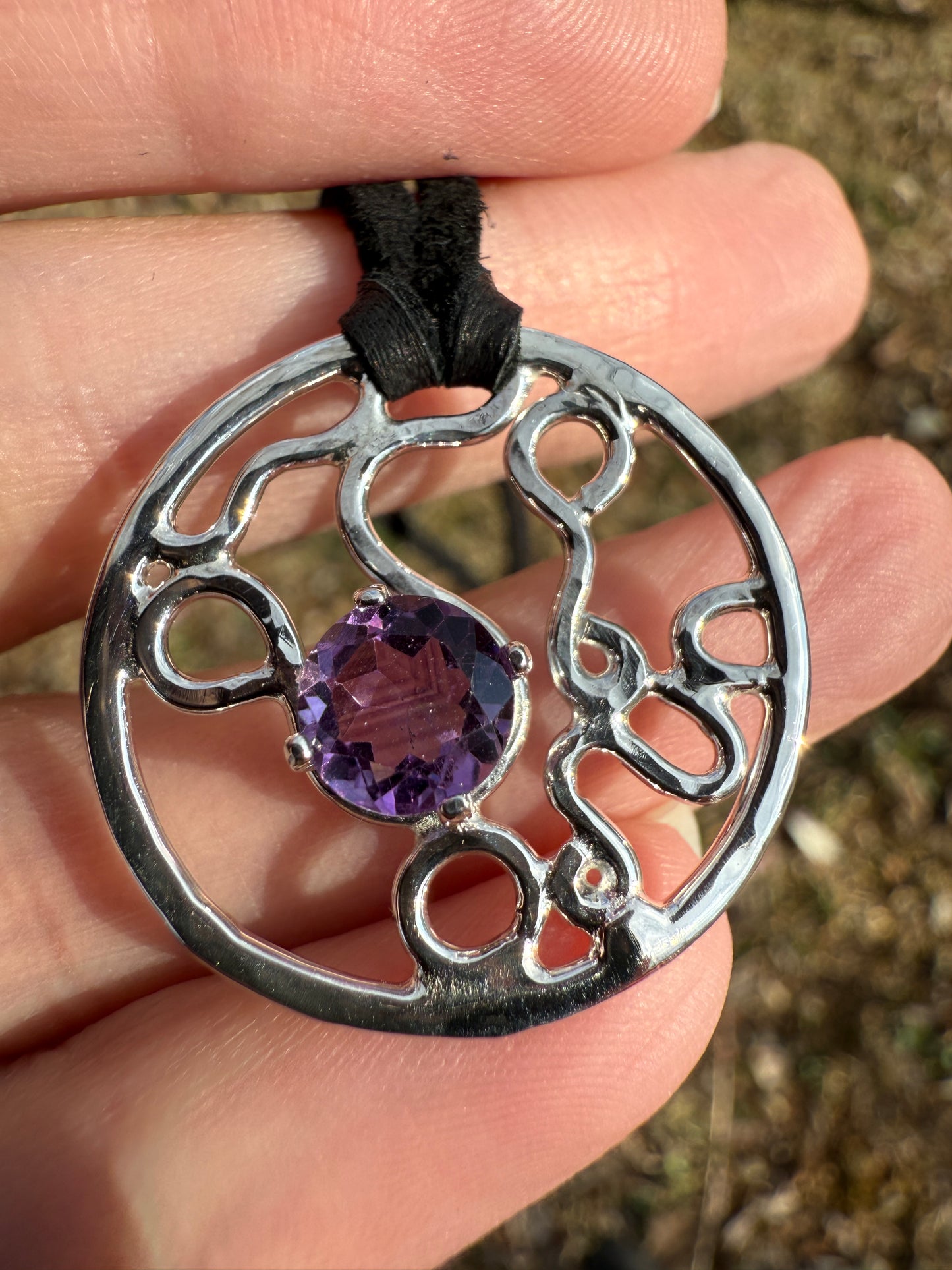 Freeform Sterling Silver Filigree and Amethyst Pendant