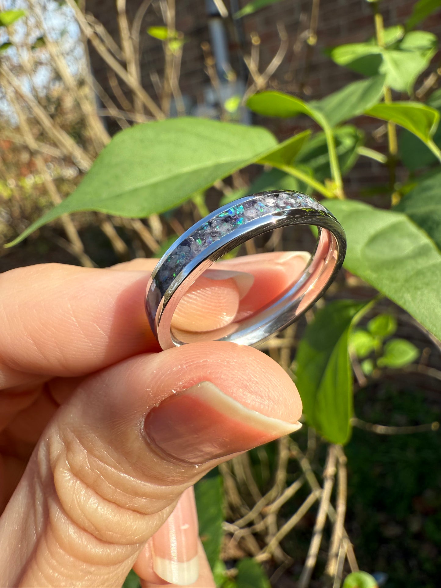 Ethereal Glow Ring: 4mm Stainless Steel with Purple Lepidolite & Lavender Opal
