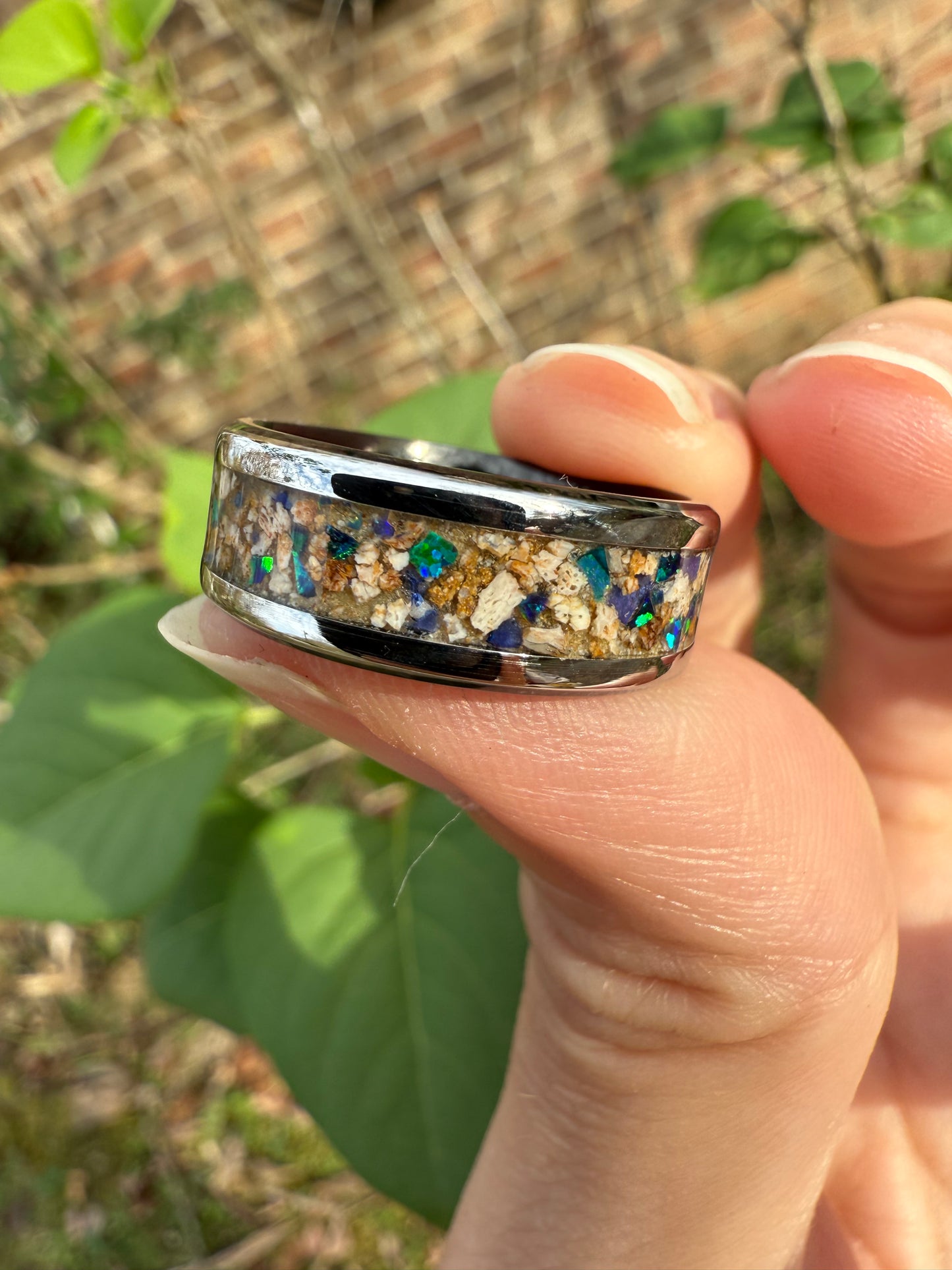 Ancient Ocean Elegance: 8mm Stainless Steel Ring with Plesiosaur Fossil and Blue-Green Opal Inlay