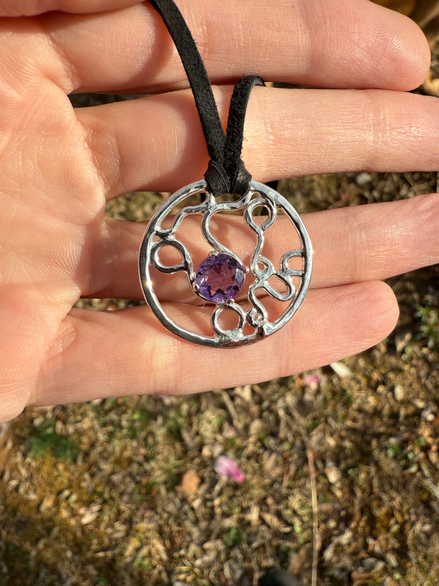 Freeform Sterling Silver Filigree and Amethyst Pendant