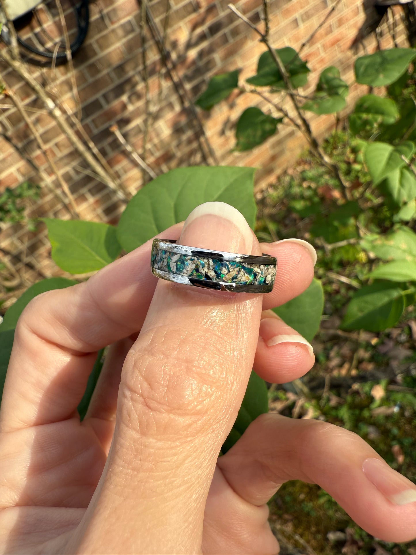 6mm Stainless Steel Ring with Prehistoric Allosaurus Fossil, Radiant Green Opal, and Mesmerizing Aqua Glow