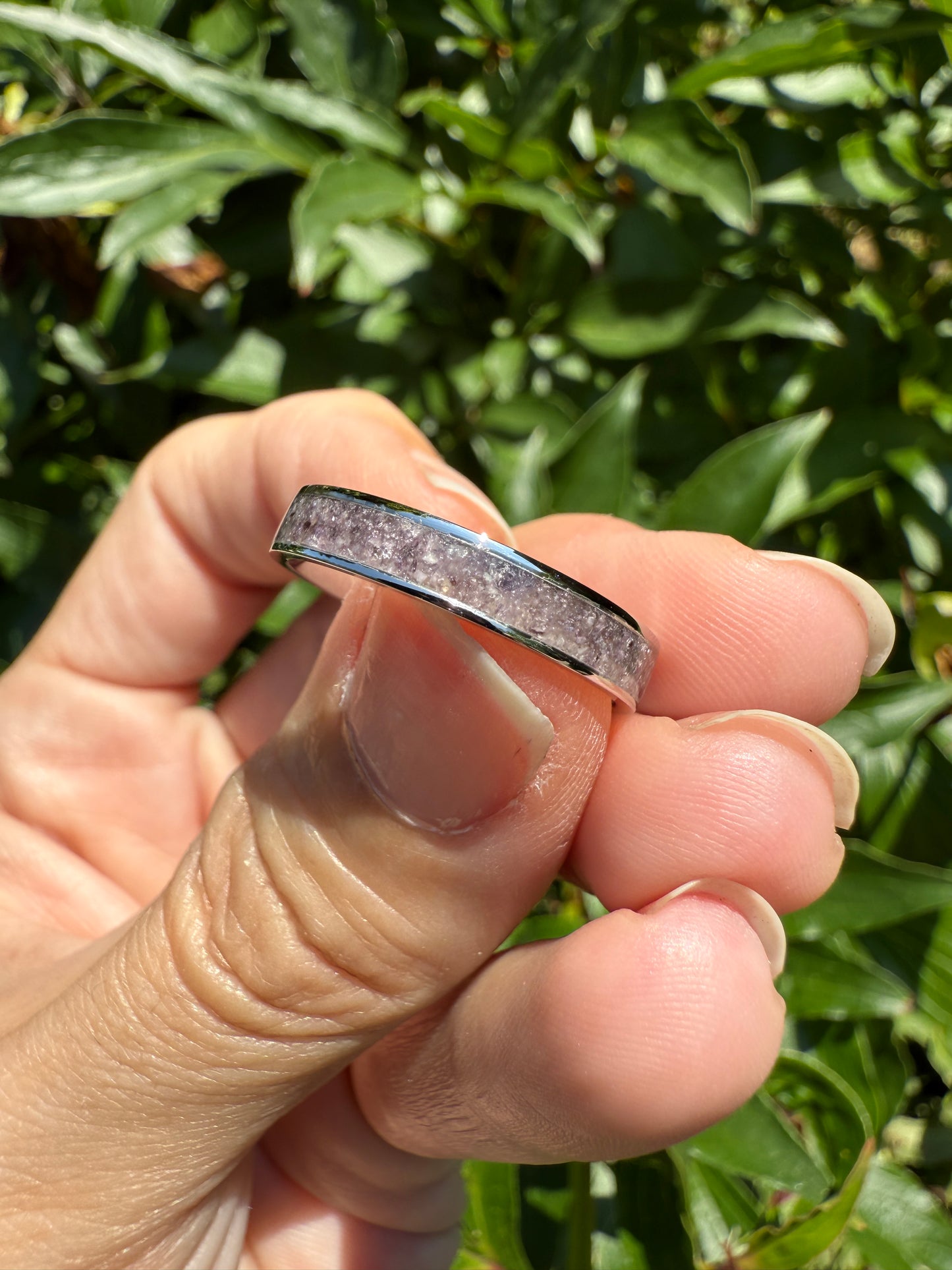 Purple Lepidolite Ring – Size 9.5 Stainless Steel Band – 4mm Inlay Design Sample