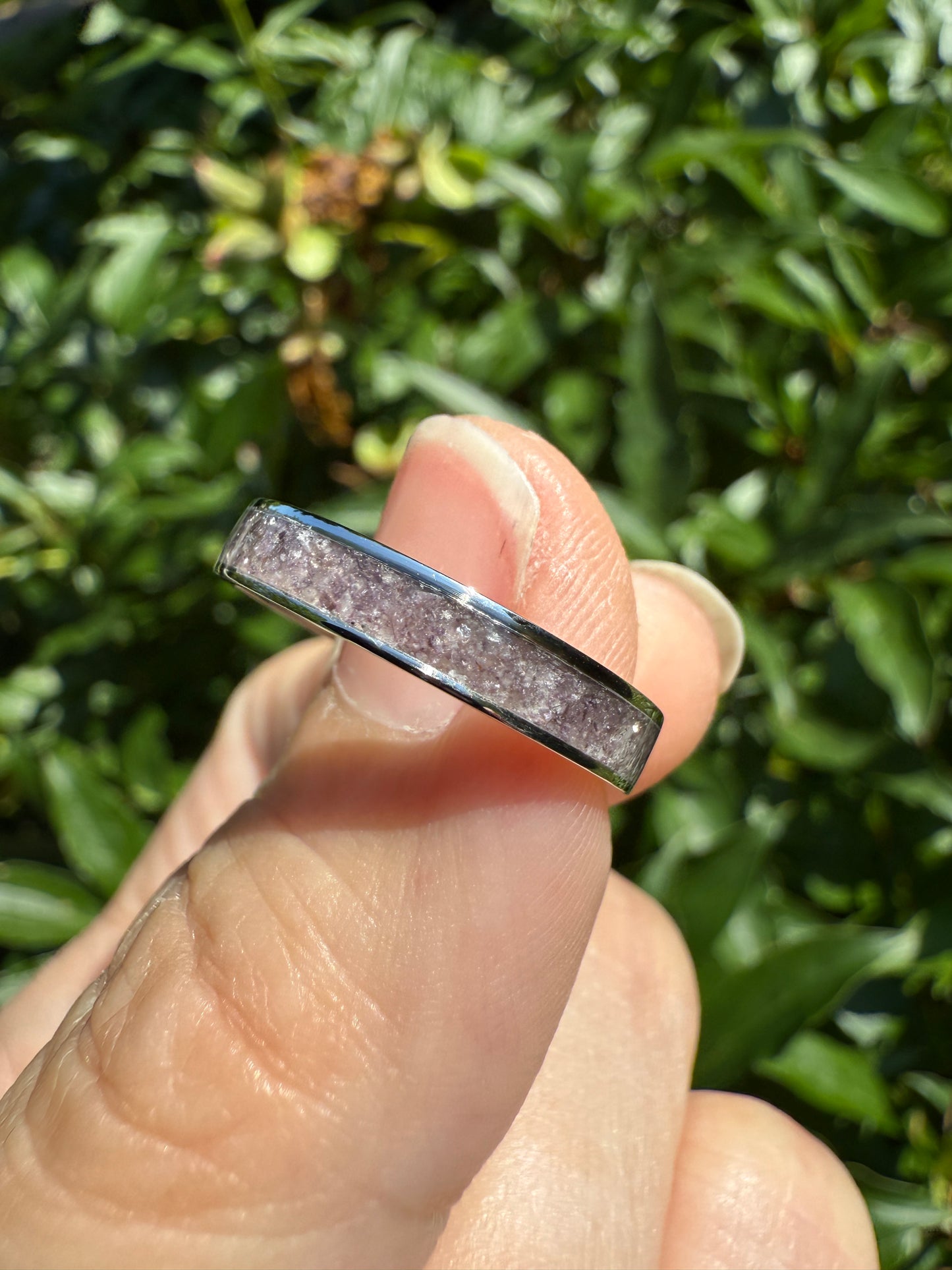 Purple Lepidolite Ring – Size 9.5 Stainless Steel Band – 4mm Inlay Design Sample
