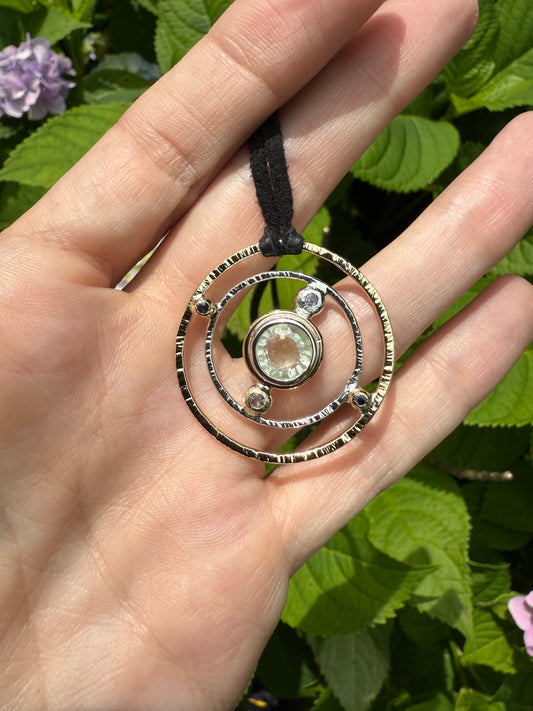 Orbital Drift – Hyalite Opal, Tanzanite & Sapphire Pendant Necklace – Handmade Sterling & Brass Jewelry