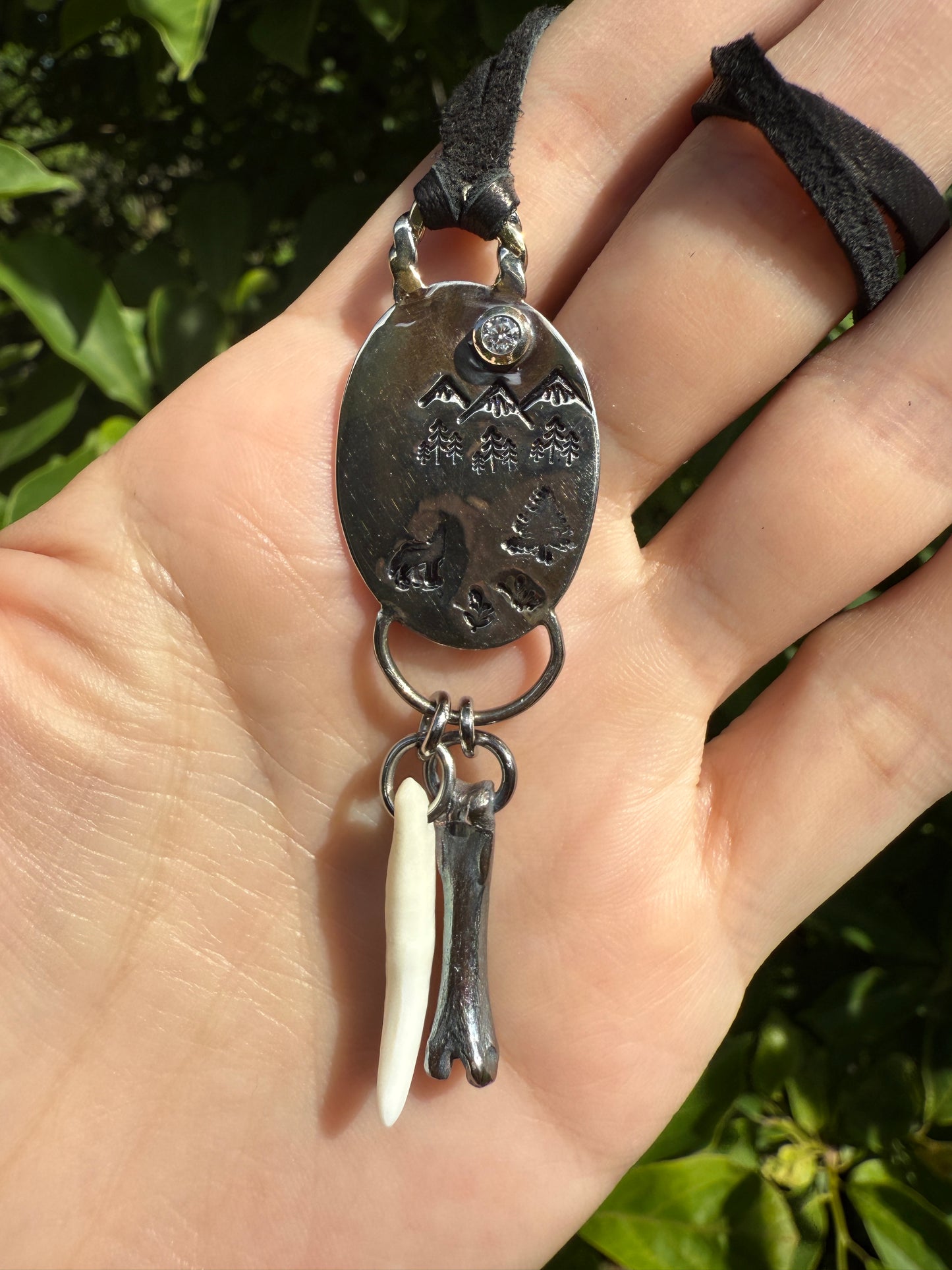 Coyote Sentinel – Moissanite Forest Pendant Necklace – Handmade Sterling & Deer Hide Jewelry