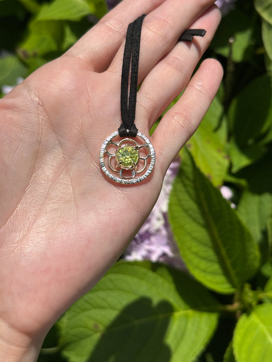 Celestial Ember – Green CZ Pendant Necklace – Handmade Sterling & Brass Jewelry