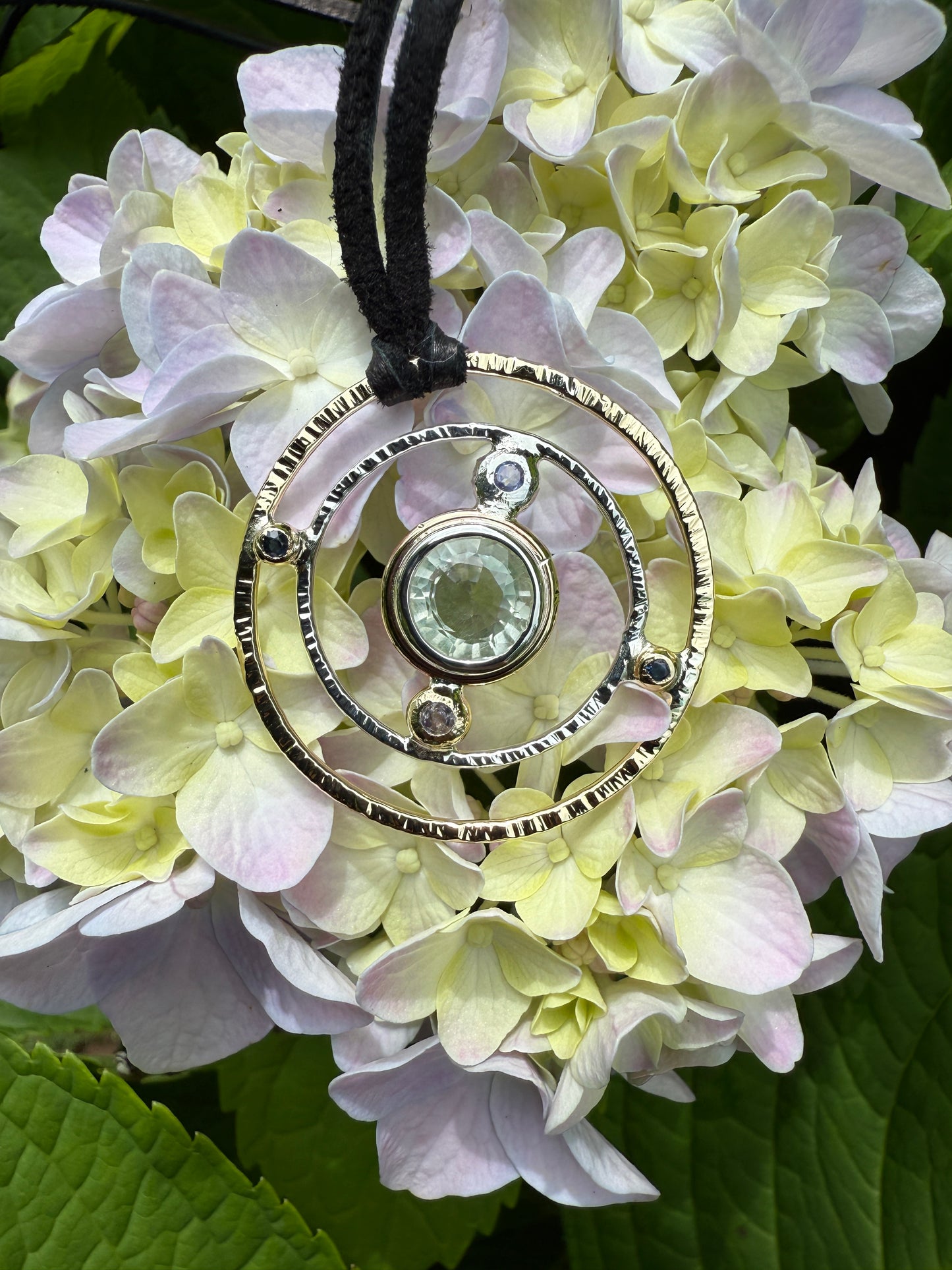 Orbital Drift – Hyalite Opal, Tanzanite & Sapphire Pendant Necklace – Handmade Sterling & Brass Jewelry