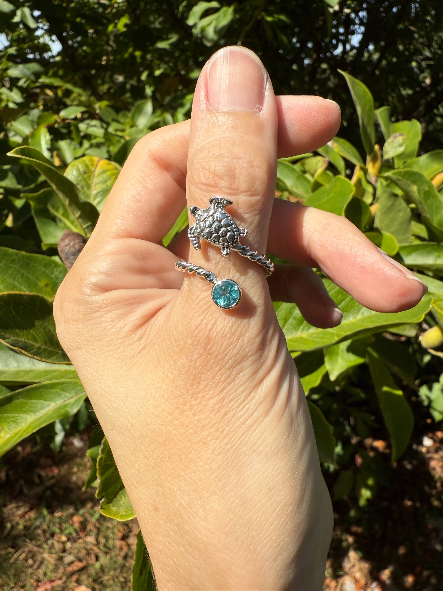 Hand fabricated turtle and apatite ring