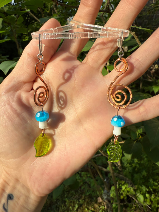 Glass Mushroom & Leaf Earrings – Handmade Copper Whimsy Jewelry