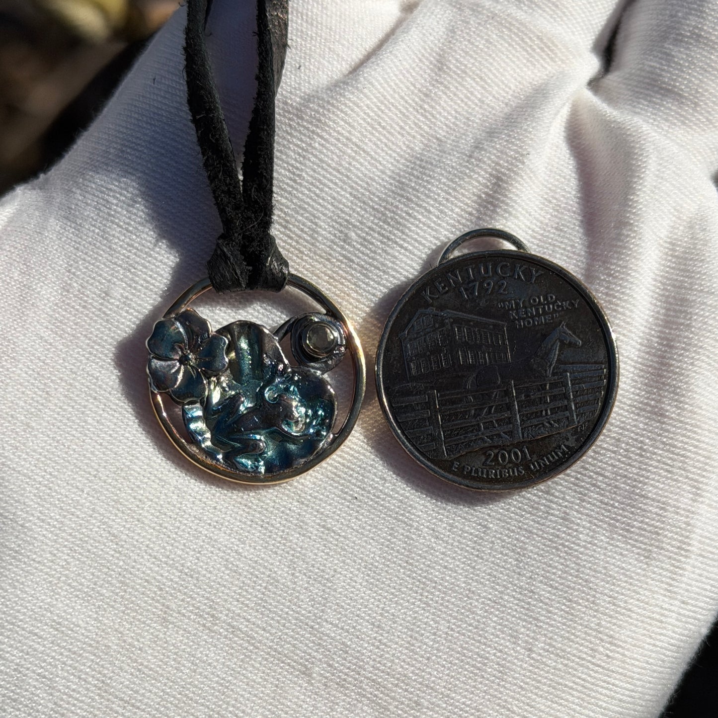 Still Pool – Frog & Flower Pendant – Handmade Fine Silver, Brass & Sapphire Jewelry