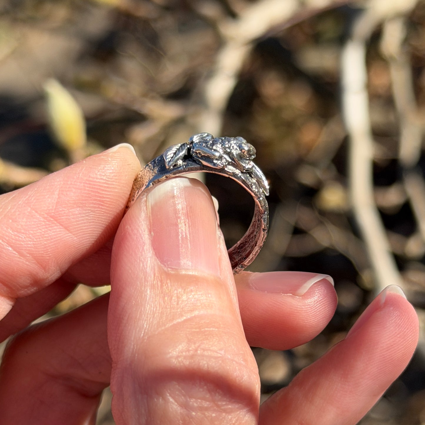 Marsh Guardian – Frog & Leaf Ring – Handmade Sterling & Fine Silver Jewelry (Size 9)