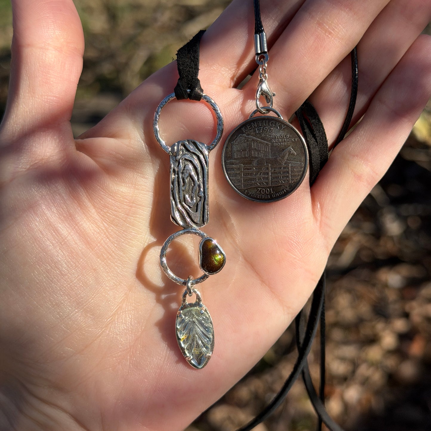 Forest Signal – Fire Agate & Aquamarine Pendant Necklace – Handmade Fine Silver Jewelry