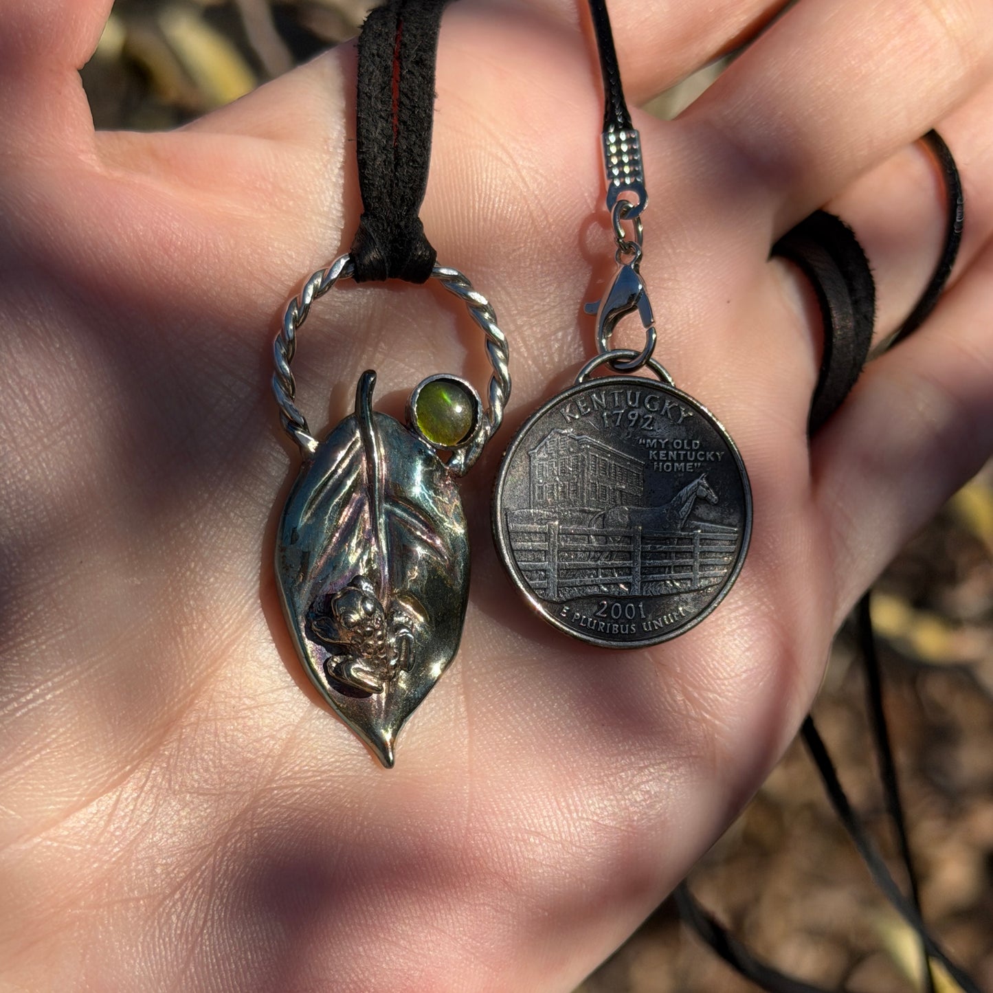 Branchlight – Ammolite & Leaf featuring a Fine Silver Treefrog Pendant Necklace – Handmade Fine Silver Jewelry