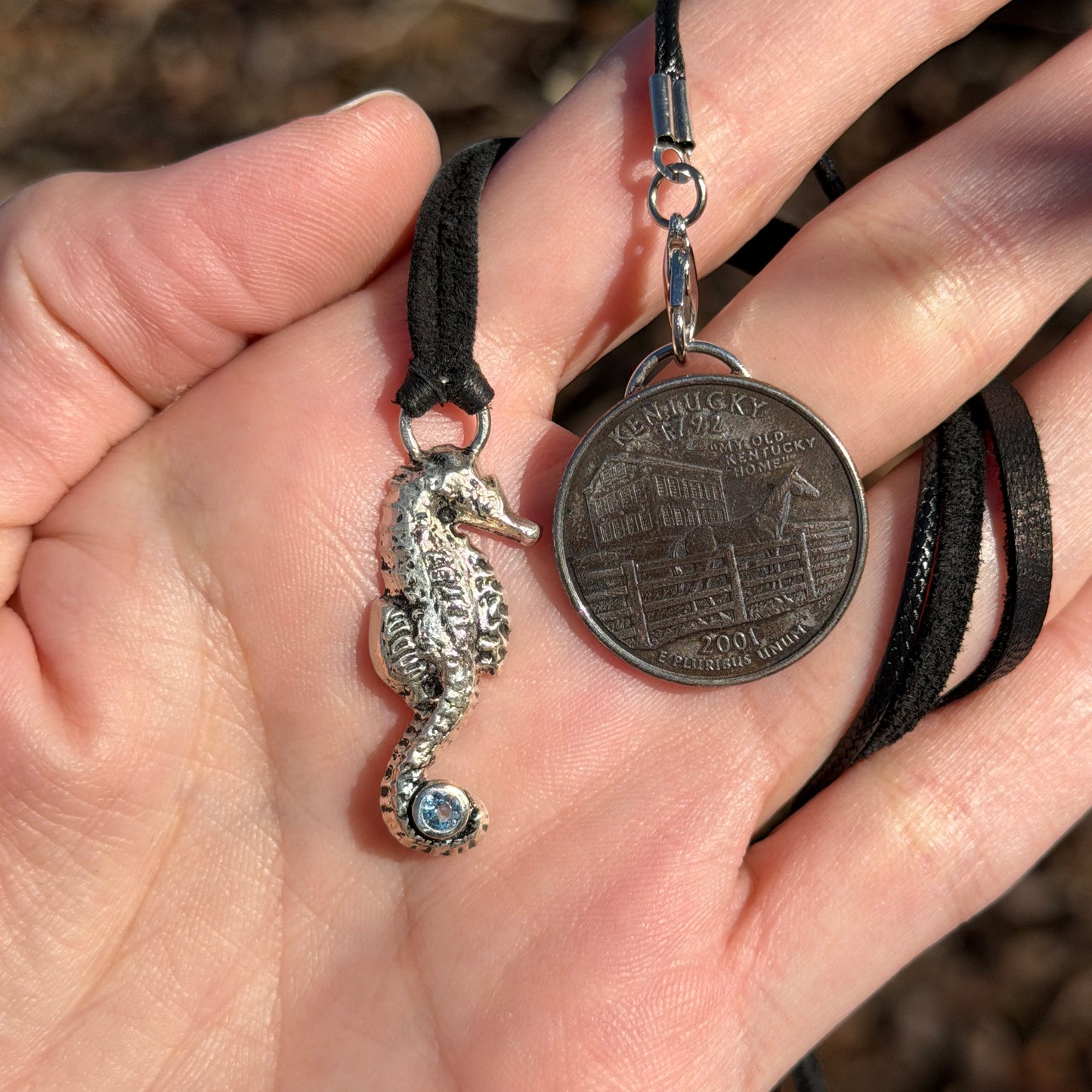 Tidebound Keeper – Blue Topaz Seahorse Pendant in Fine Silver