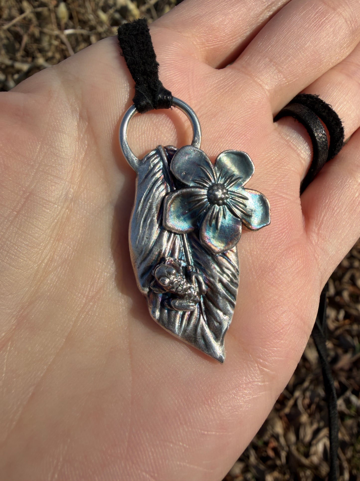 Still Garden – Fine Silver Leaf & Flower Pendant – Handmade Silver Jewelry