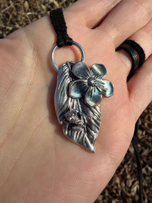 Still Garden – Fine Silver Leaf & Flower Pendant – Handmade Silver Jewelry
