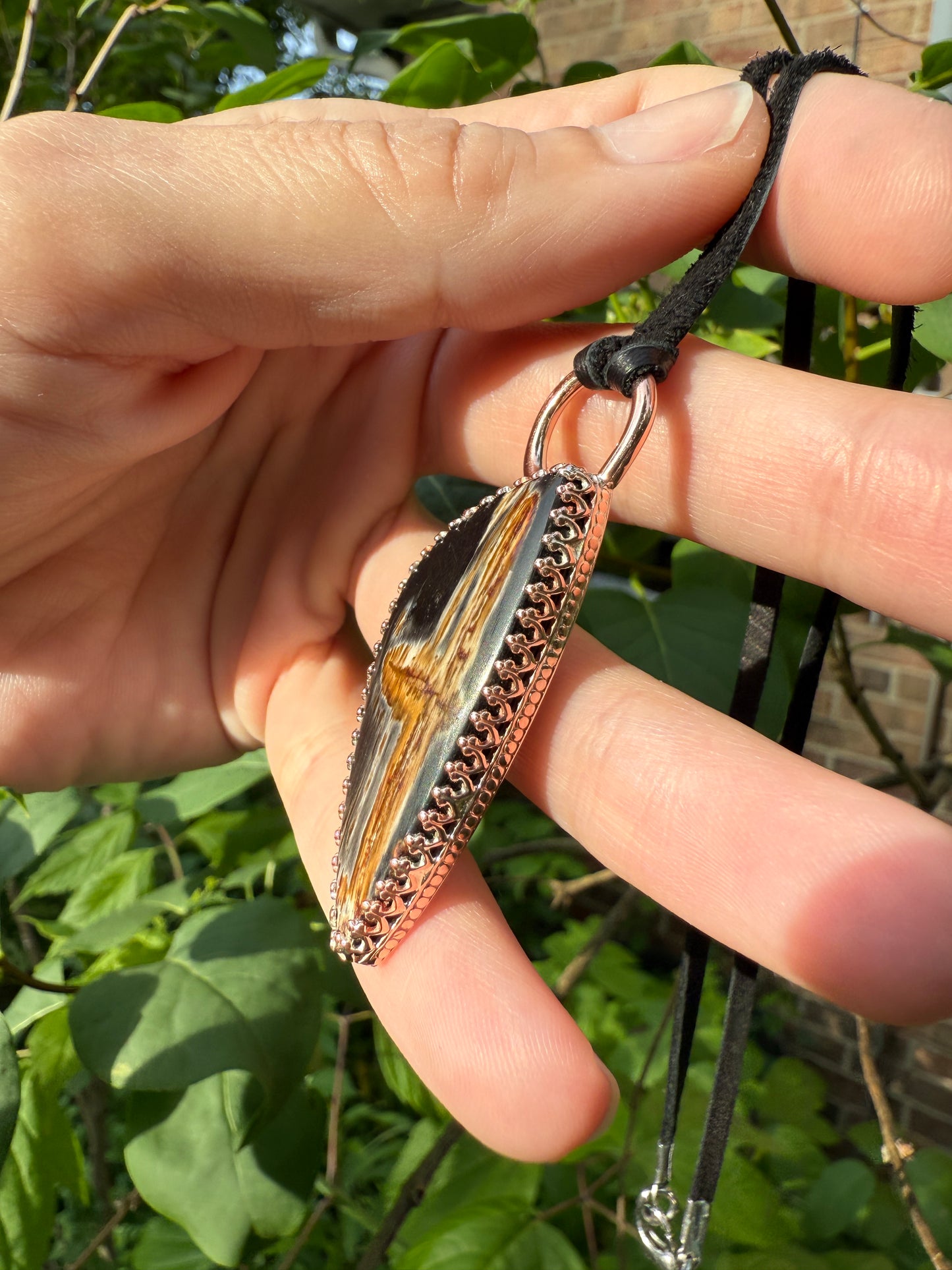 Crossgrain – Petrified Wood Pendant Necklace – Handmade Copper Jewelry