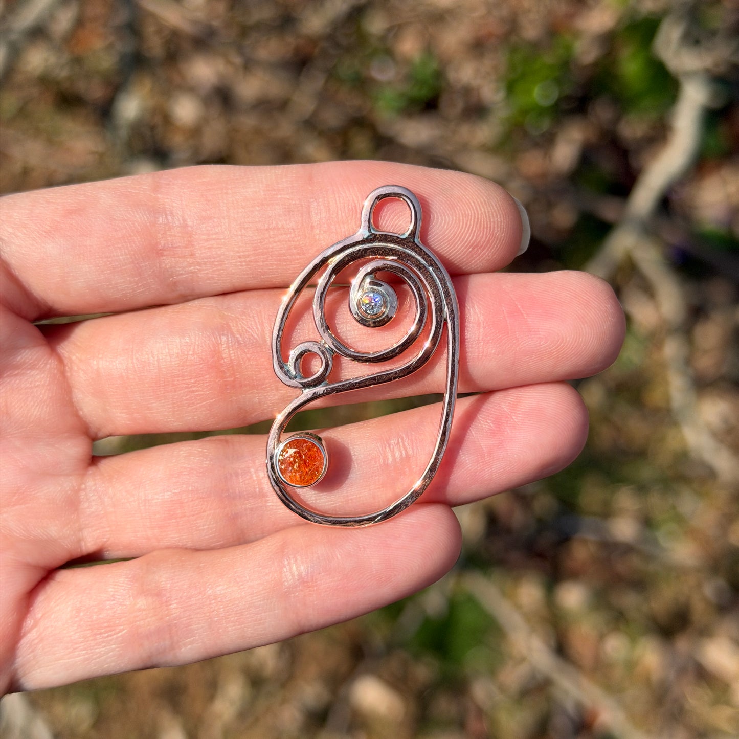 Carried Forward – Sunstone & Moissanite Pendant – Handmade Copper Jewelry