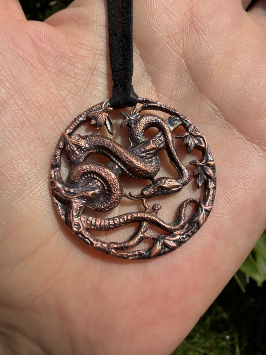 Serpent Canopy – Snake & Leaf Pendant – Handmade Antiqued Copper Jewelry
