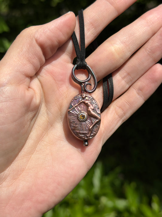 Sun & Stars – Citrine & Moissanite Spinning Pendant – Handmade Copper & Brass Jewelry