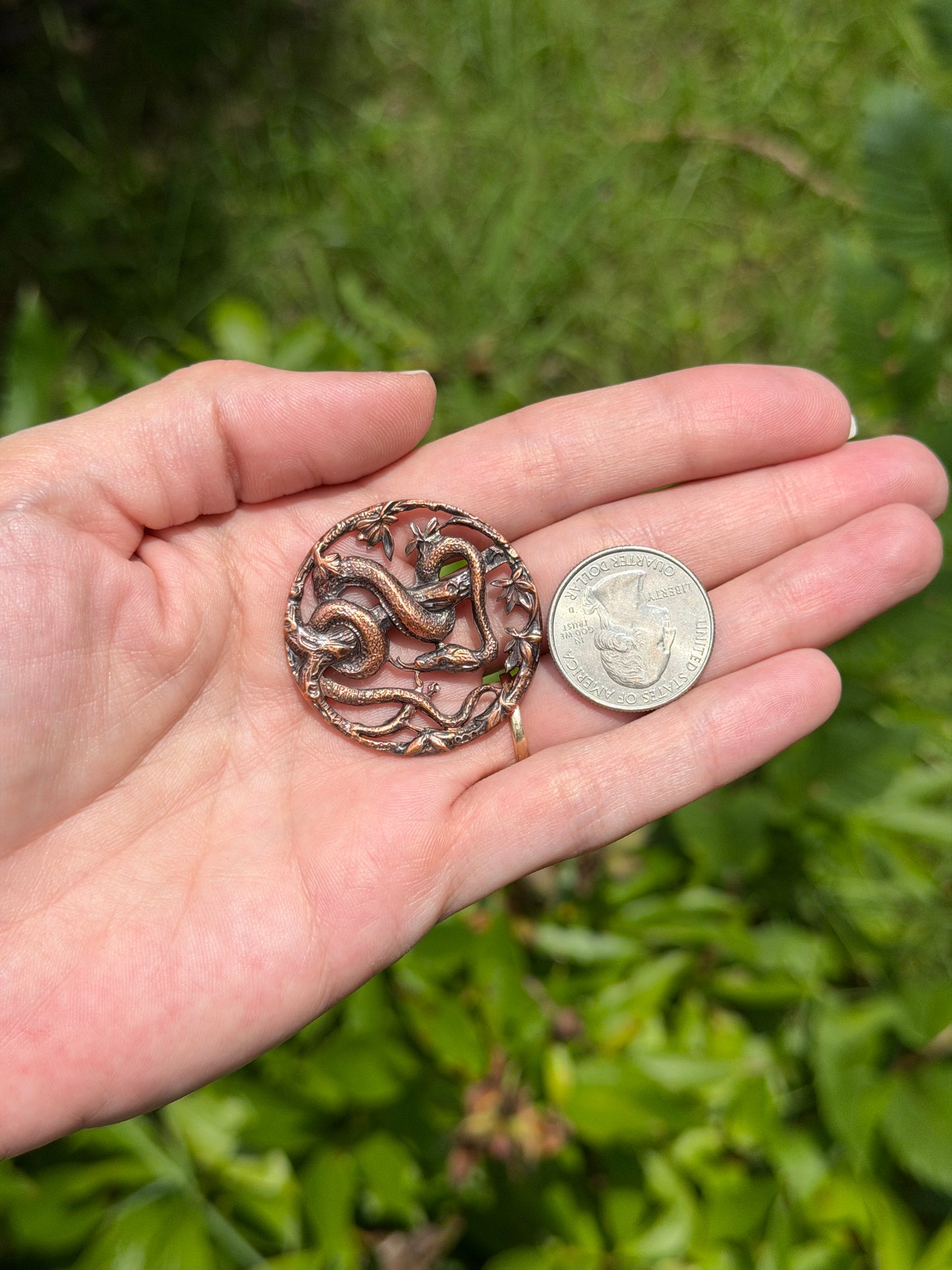 Serpent Canopy – Snake & Leaf Pendant – Handmade Antiqued Copper Jewelry