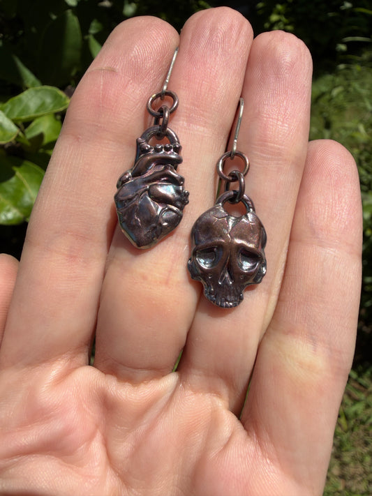 Heart and Bone Copper Anatomical Heart and Skull Earrings