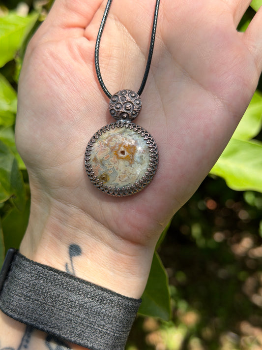 Druzy Moon Lace Agate Copper Pendant