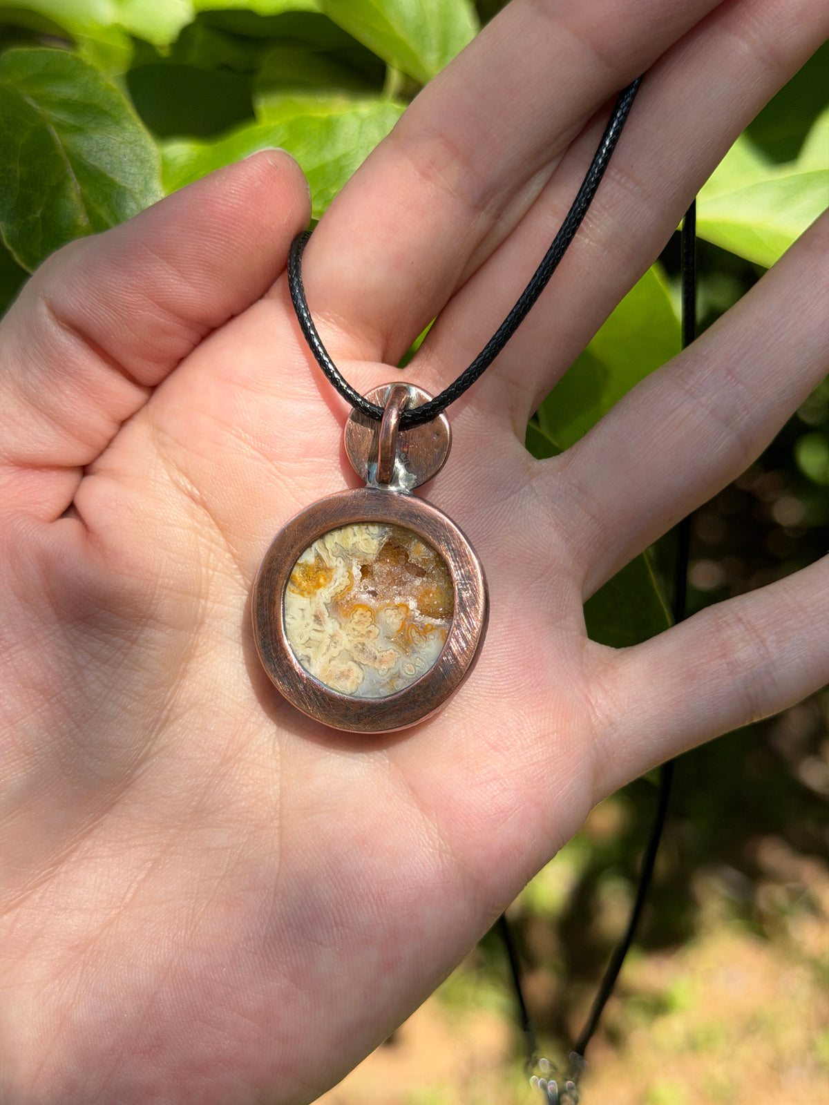 Druzy Moon Lace Agate Copper Pendant