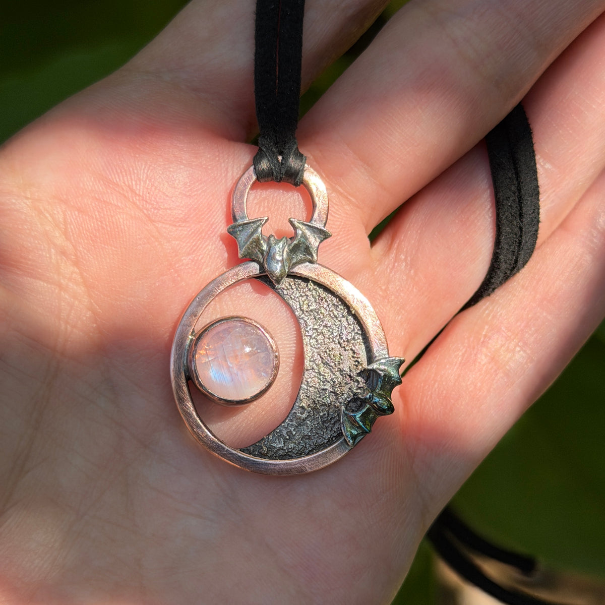 Bats at Moonrise Moonstone Pendant
