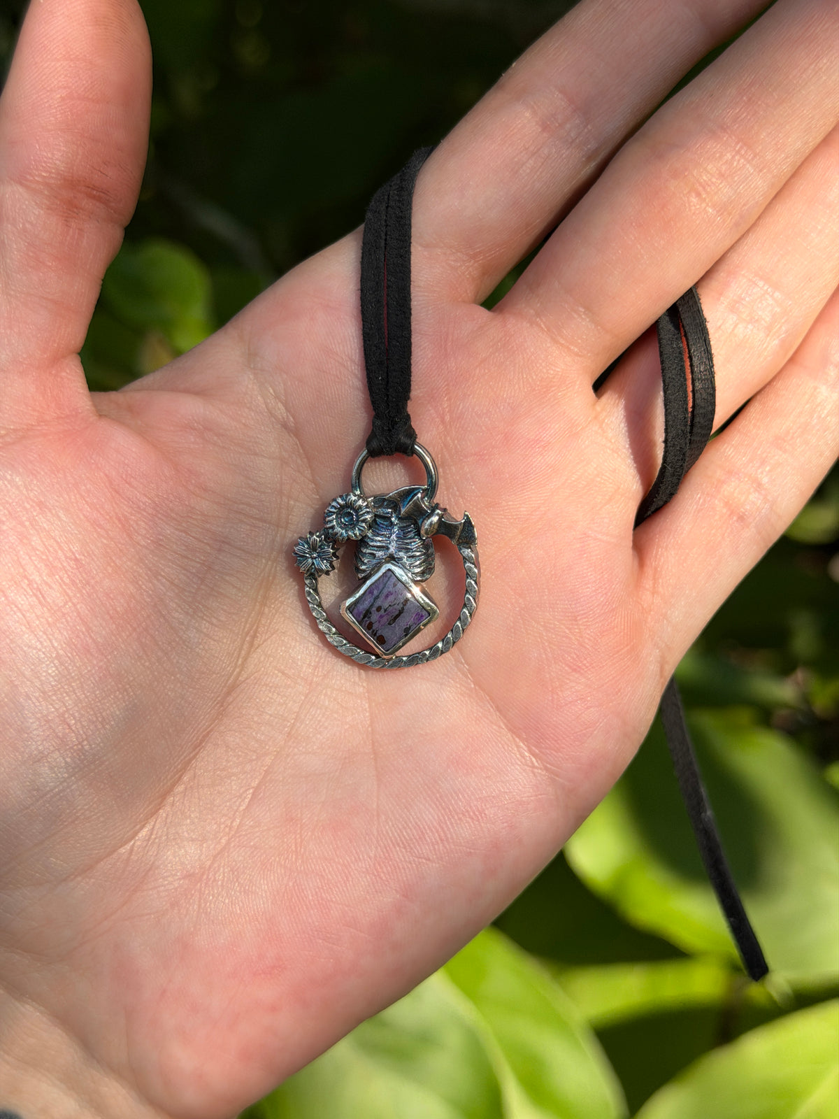 Night Reliquary Sugilite and Fine Silver Pendant