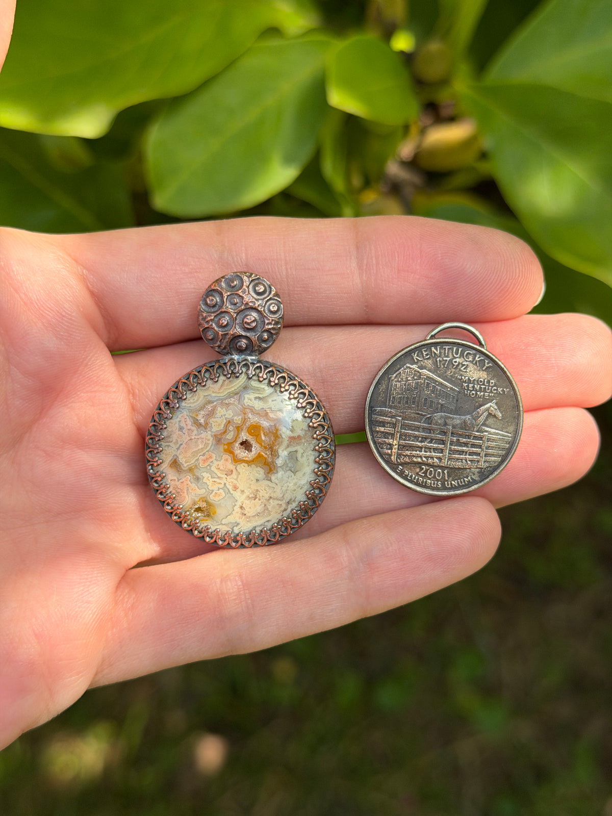 Druzy Moon Lace Agate Copper Pendant
