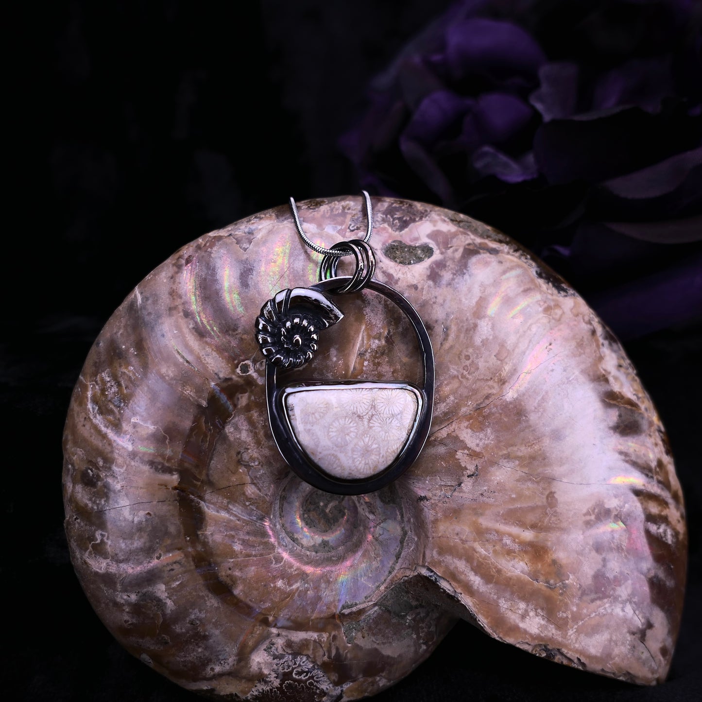 Spiral Memory – Fossil Coral & Shell Pendant Necklace – Handmade Fine & Sterling Silver Jewelry